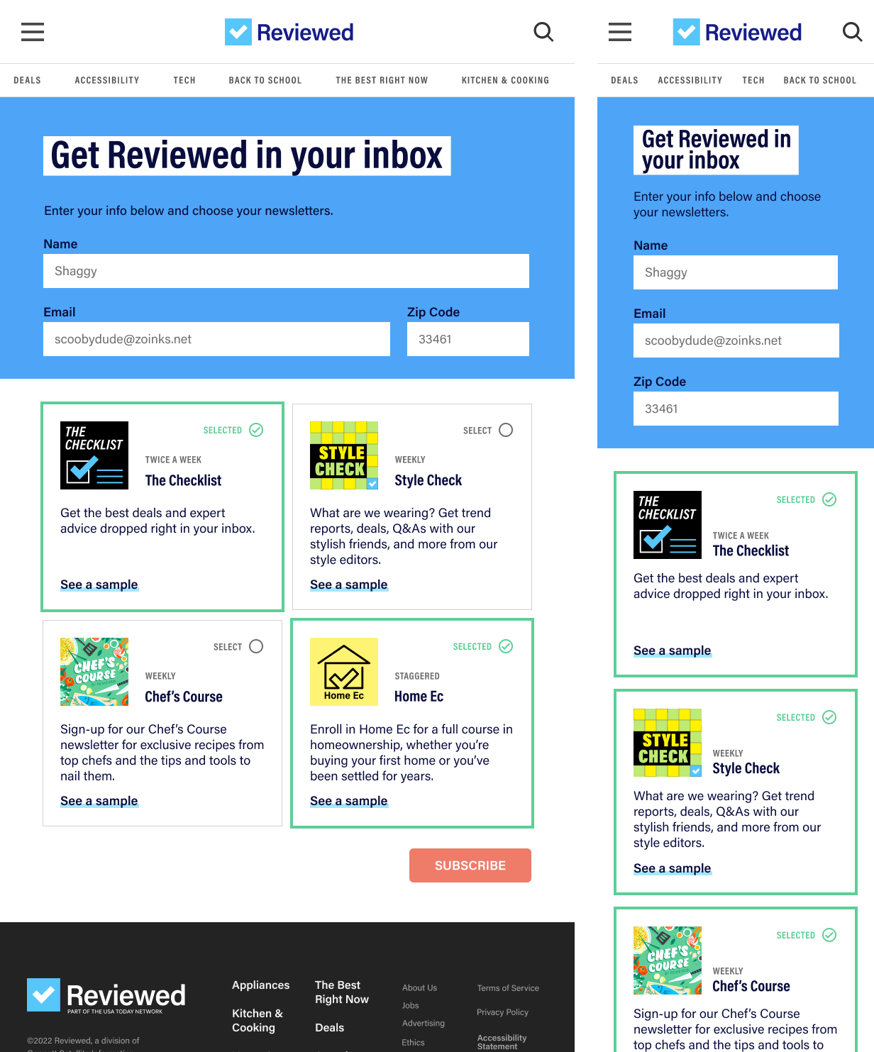Mobile and tablet wireframes for email signup feature
